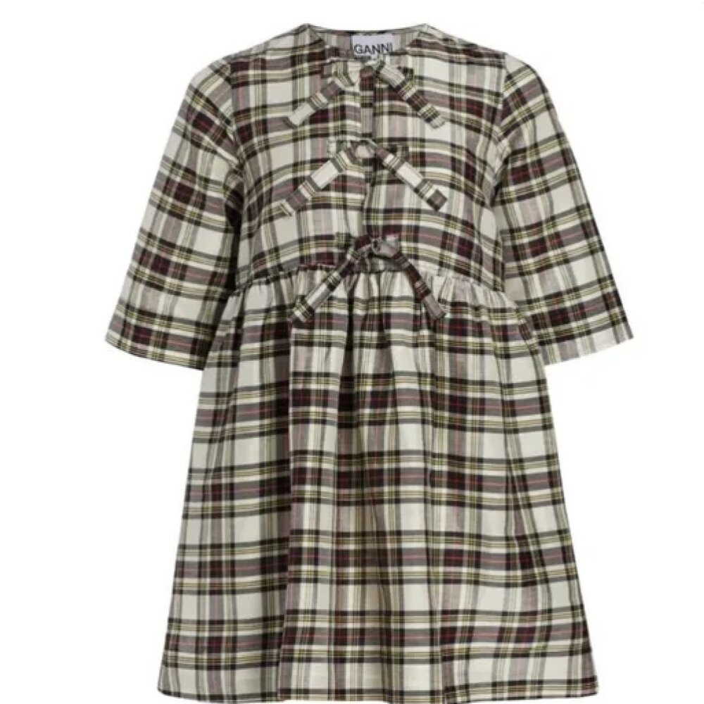 GANNI Babydoll Mini Dress with Ribbon Ties - Picture 3 of 12